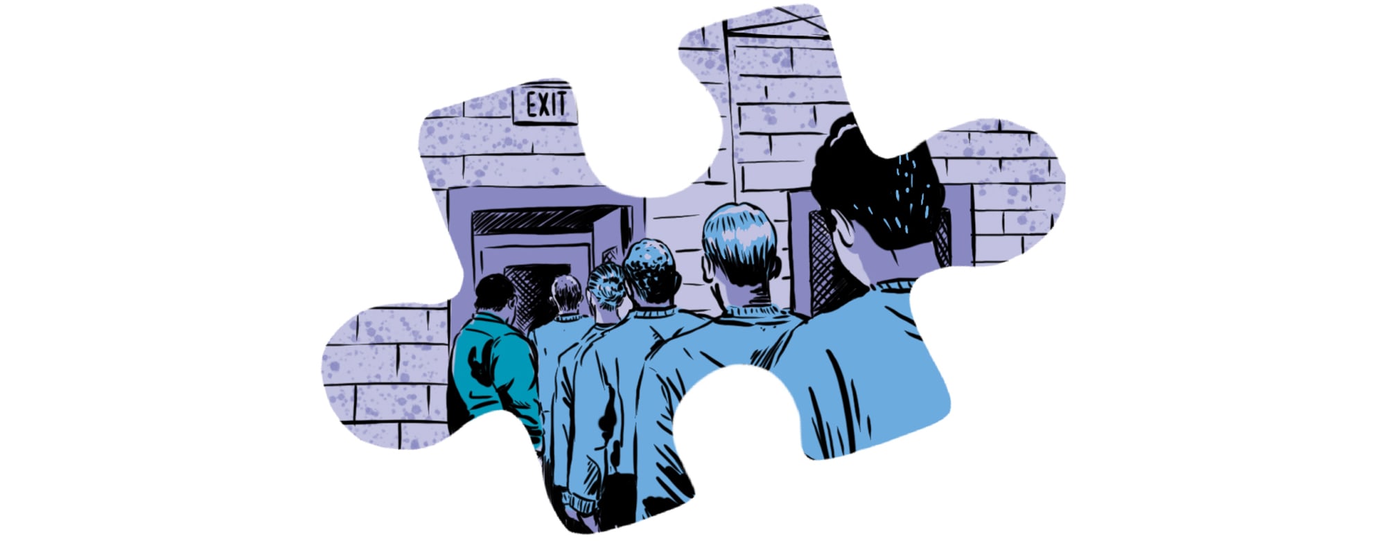 Dark graphic novel style illustration of teens lined up inside a youth justice residence framed in a puzzle piece.
