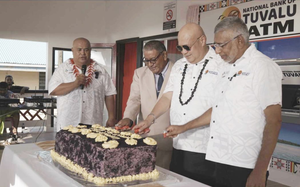 Left to right: MC Fakatoafe Teikauea, Reverend Alamatiga Lusama, Tuvalu Prime Minister Feleti Teo, and Pacific Technology Limited Representative Nasir Ali. 16 April 2025.