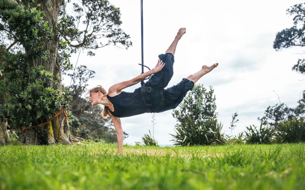 Auckland Council’s 2017 Artist in Residence Chloe Loftus rehearsing at Long Bay Regional Park.