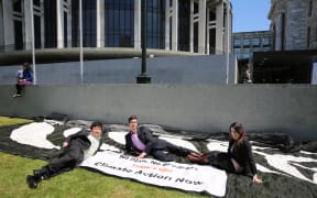 Francisco Hernandez, James Young-Drew and Lisa McLaren outside Parliament, just before they left for Paris as part of the New Zealand Youth Delegation to the UN climate talks.