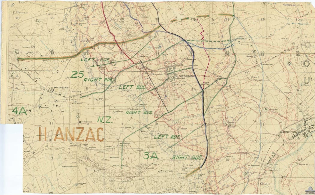 Map showing the attack plan of the II ANZAC Corps for the Battle of Messines. Zones of responsibility are broken down to the brigade level. Multiple objective lines also shown.