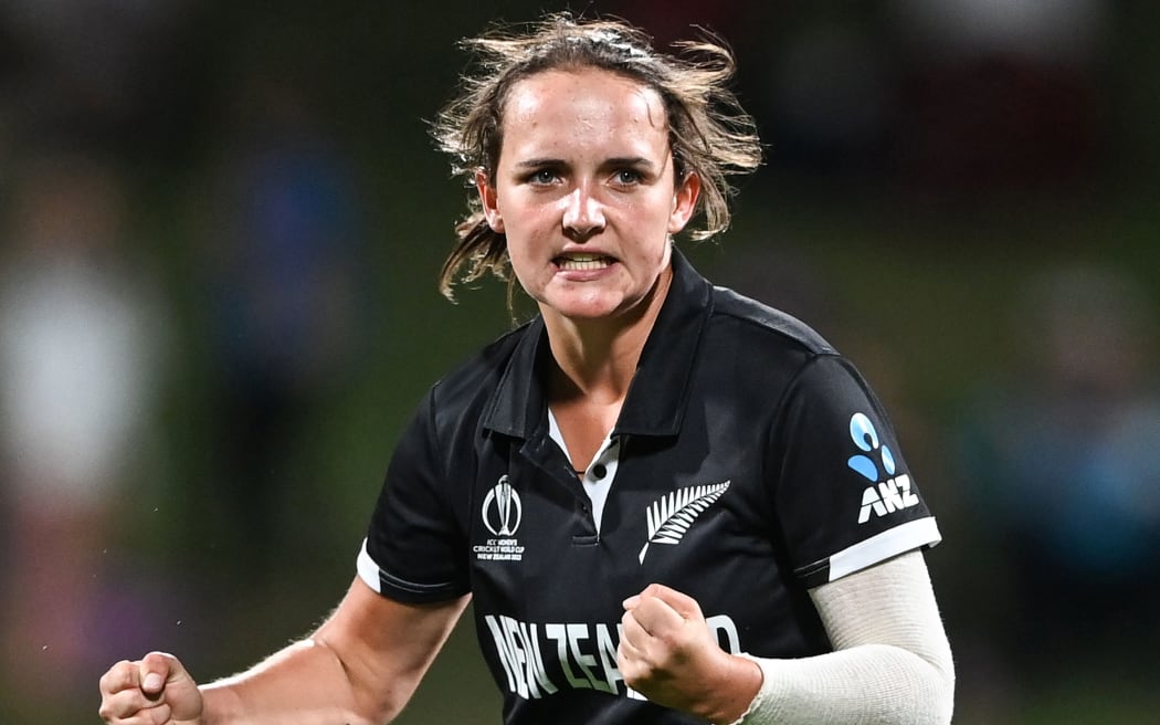 New Zealand's Amelia Kerr celebrates.