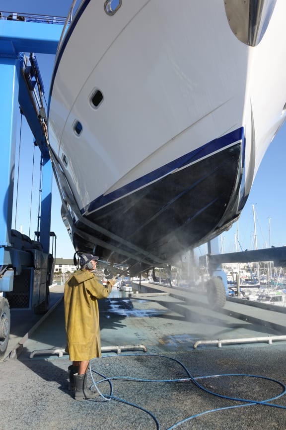 A vessel is hauled at the Nelson Marina for regular anti-foul treatment on its hull.