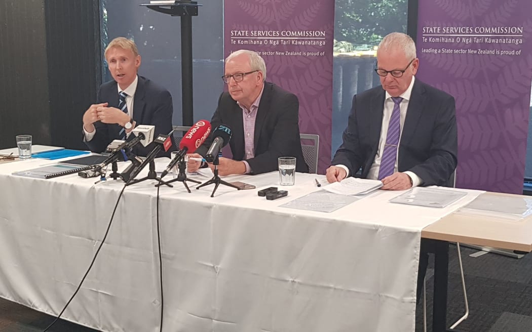 Inquiry head Doug Martin (centre), Simon Mount QC (left) and State Service Commissioner Peter Hughes.