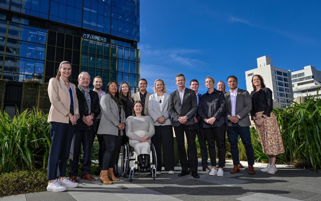(L-R): Adine Wilson, Tim Castle, Jono McGlashan, Bobbi-Jo Clarke-Heu, Sadie Verity, Rebecca McDonald (front seated), Ru Tauri, Rebecca Rolls, Don McKinnon, Paul O’Neil, Anna Mahood, Lyndon Bray, Keven Mealamu and Dr Lesley Nicol.
Sport Integrity Commission New Zealand board and staff of photos at PwC Tower, Auckland, New Zealand on Wednesday 7 August 2024. Photo credit: Alan Lee / www.photosport.nz