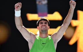 Carlos Alcaraz of Spain celebrates match point during the Mens 2nd round match against Yannick Hanfmann of Germany on day 4 of the 2026 Australian Open tennis tournament at Melbourne Park in Melbourne, Wednesday, January 21, 2026. (AAP Image/James Ross/ Photosport)