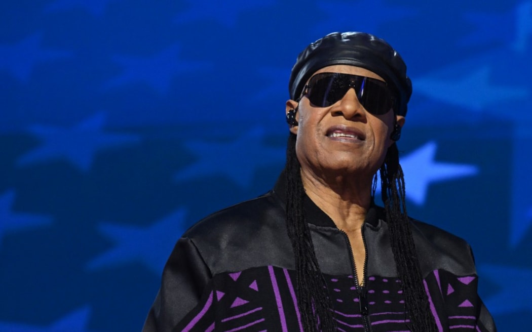 US singer-songwriter Stevie Wonder at Democratic National Convention (DNC)  in Chicago, Illinois, August 2024.