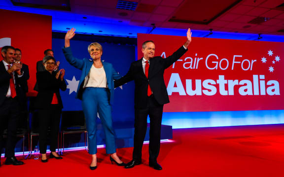 Australian Labor Party eader Bill Shorten (R) and Deputy Labor leader Tanya Plibersek (L) wave during the election launch  in Brisbane on May 5.