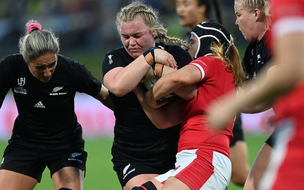 Amy Rule in action for New Zealand against Wales in theRugby World Cup quarter-final match at Northland Events Centre.