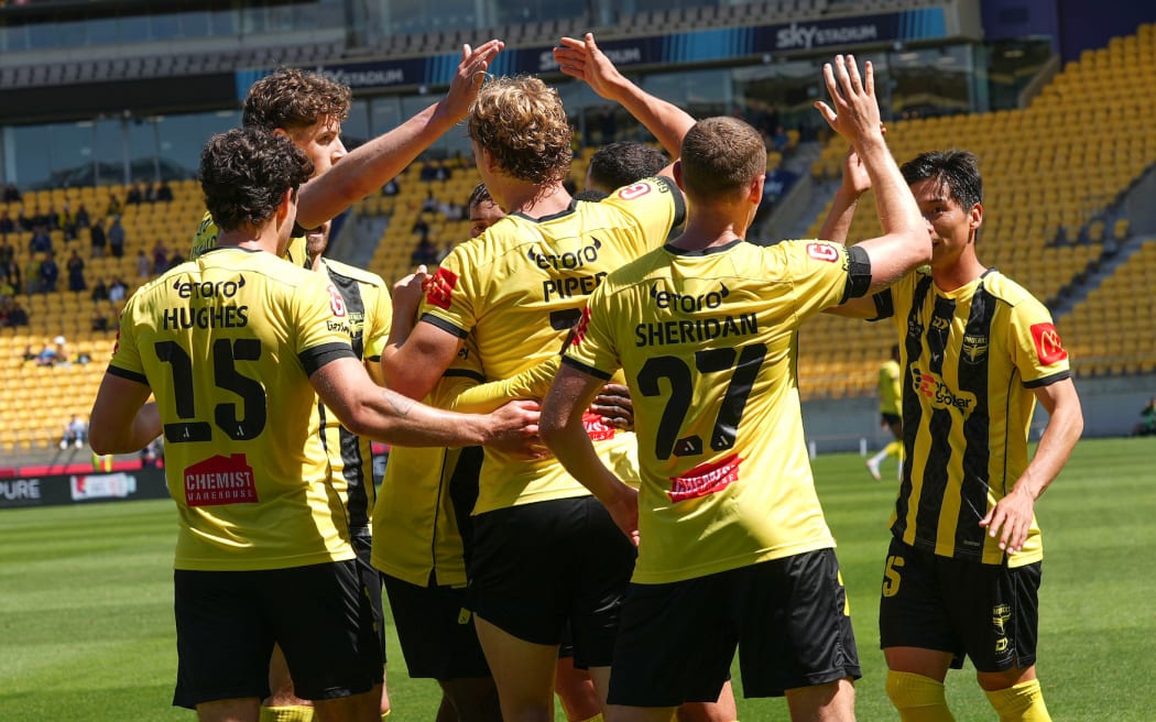 The Phoenix celebrate a goal during the A-League - Wellington Phoenix FC v Central Coast Mariners FC at Sky Stadium, Wellington.