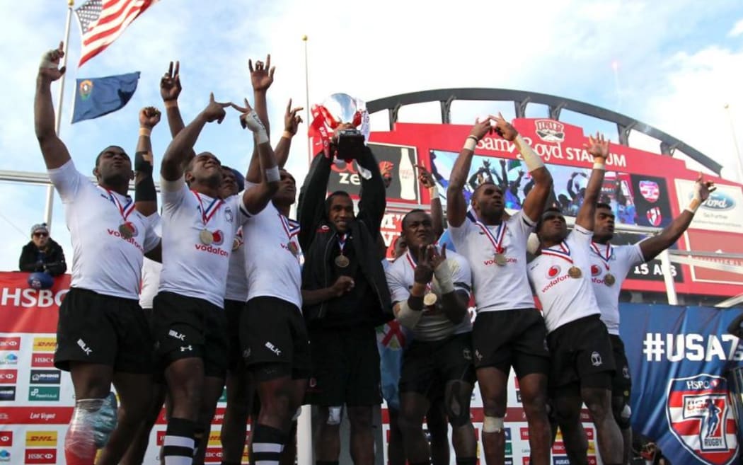 Fiji celebrate winning the 2016 Las Vegas Sevens.