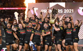 The Penrith Panthers celebrate winning the 2021 NRL grand final.