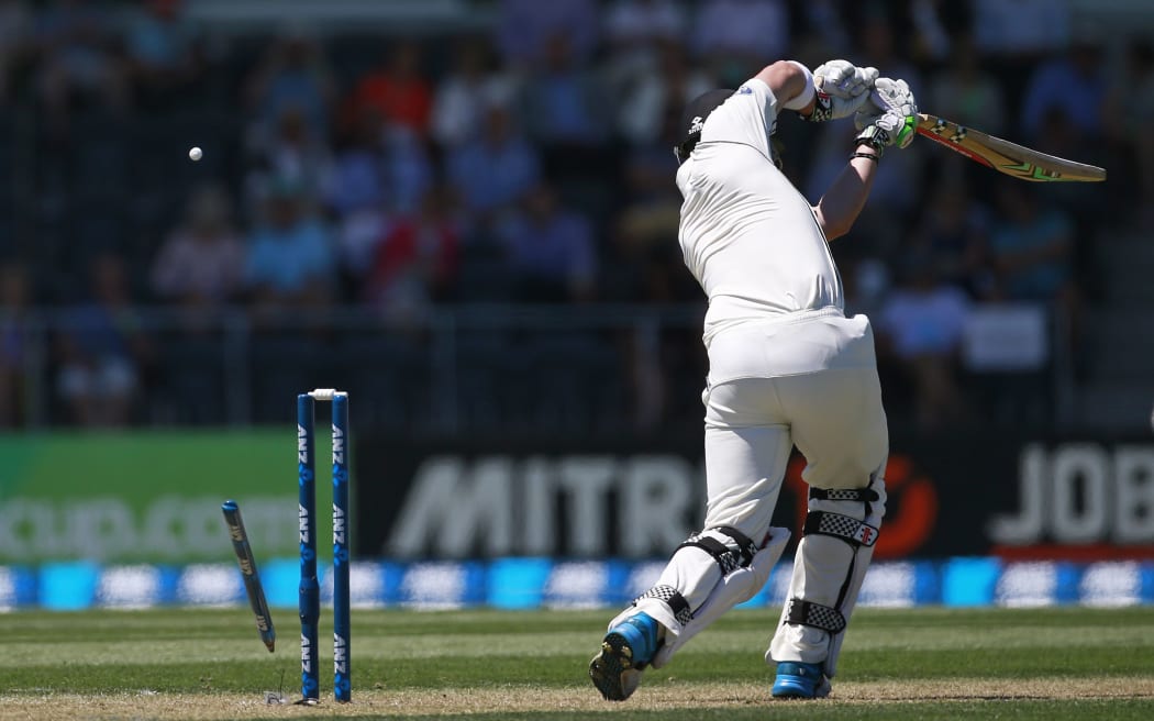 Hamish Rutherford is clean bowled by Suranga Lakmal
