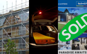 Construction of new houses, a mattress in the back of a car, and a real estate sign.