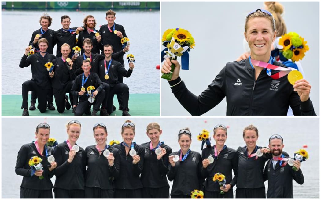The New Zealand men's eight with their golds, Emma Rush after winning gold in the women's single sculls and the women's eight with their silvers.