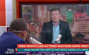 Journalist Mike White talking to Paul Henry on TV3 after the High Court ruled he can meet Scott Watson and Gerald Hope in jail.