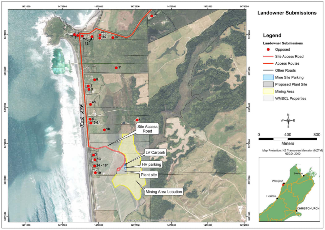 Map of the proposed mine site at Okari with opposing landowners marked in red. Overall 109 submission in opposition were received, with 75 in support and 2 neutral.