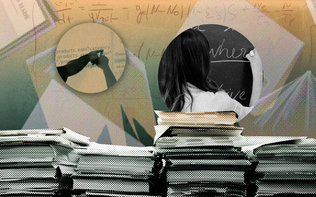 Composite graphic of education imagery. Education, schools, students, curriculum, NCEA, learning, books.
