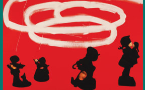 Cover image from Linda Smith and Nancy Andrew's album 'A Passing Cloud'. Silhouettes of figurines stand in front of a stylised cloud on a red background.