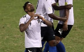 Roy Krishna celebrates scoring the winning goal against Solomon Islands.