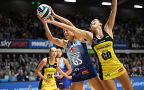 Hannah Glen and Parris Mason.
Mystics v Pulse. ANZ Premiership Netball. The Trusts Arena. Auckland. Sunday 5 May 2024 © Photo: Andrew Cornaga / Photosport