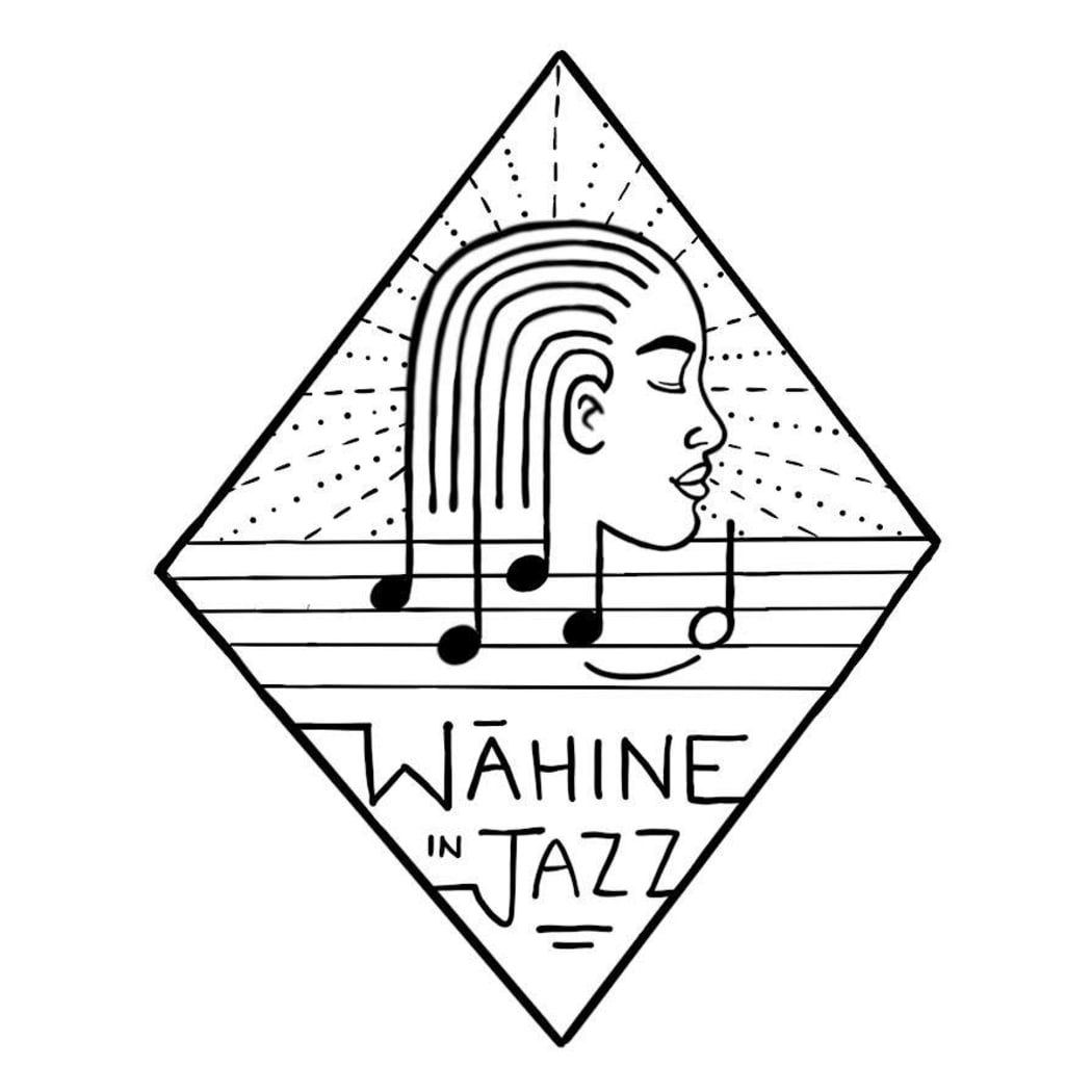 The logo of Wāhine in Jazz, a sketch of a woman looking to the right with musical notes underneath her