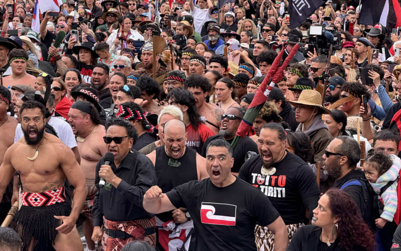 Hīkoi participants outside Parliament perform a well-known haka written by Ngapo Wehi on 19 November 2024.