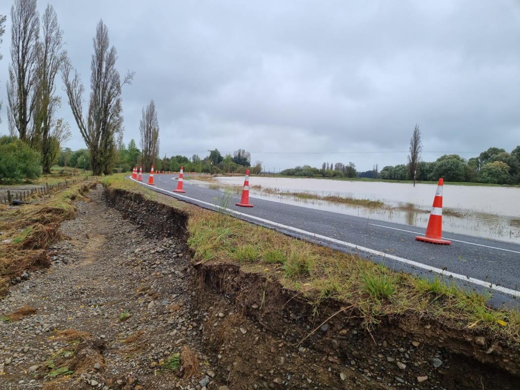 One side of Tikokino Road, near the town of Waipawa in Central Hawke's Bay, has been washed away while the other side has been flooded after heavy rain hit the region.