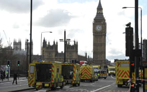 Members of the emergency services work to help victms on Westminster Bridge.