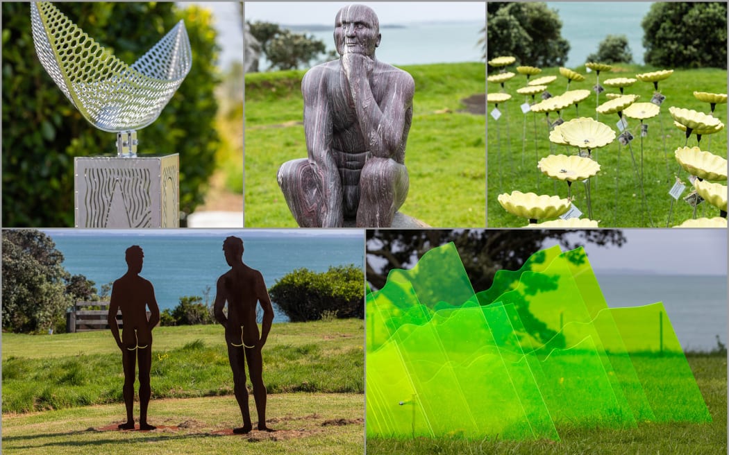 Images of artwork from this year's Sculpture on Shore. Virginia King's Elevated Vessel is top left.