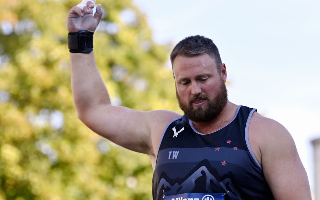 New-Zealand's Tom Walsh pictured in action during the shot put competition on the eve of the Memorial Van Damme Diamond League meeting athletics event, in Brussels, Thursday 01 September 2022. The Diamond League meeting takes place on 02 September. BELGA PHOTO ERIC LALMAND (Photo by ERIC LALMAND / BELGA MAG / Belga via AFP)