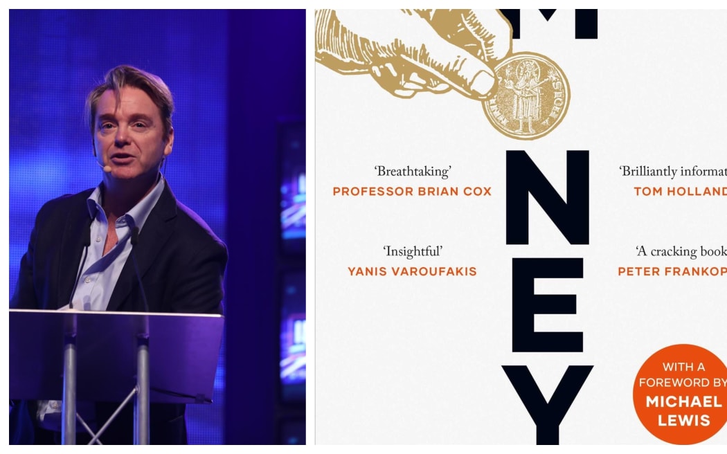Head shot of David McWilliams at lectern with microphone and image of book cover with graphic of hand putting coin  in for the  letter "o" in the word Money
