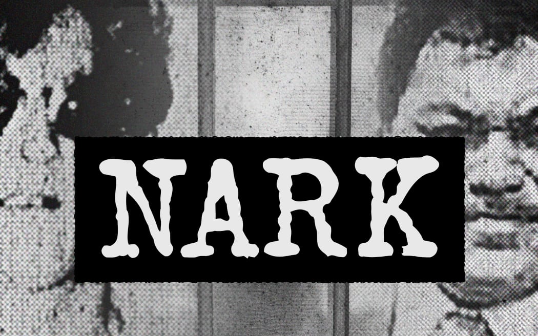 Black and white grainy image of Ross Appelgren (left hand side) and Darcy Te Hira (right handside) with their faces partially obscured by the end of the image. Prison bars appear behind then, with the word 'Nark' in all caps in white with a black strip behind the words.