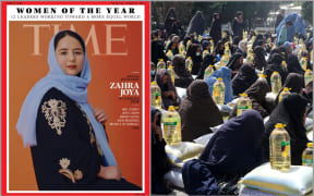 Zahra Joya was named one of Time Magazine's Women of the Year in 2022. Right: Women wait for aid in Afghanistan.