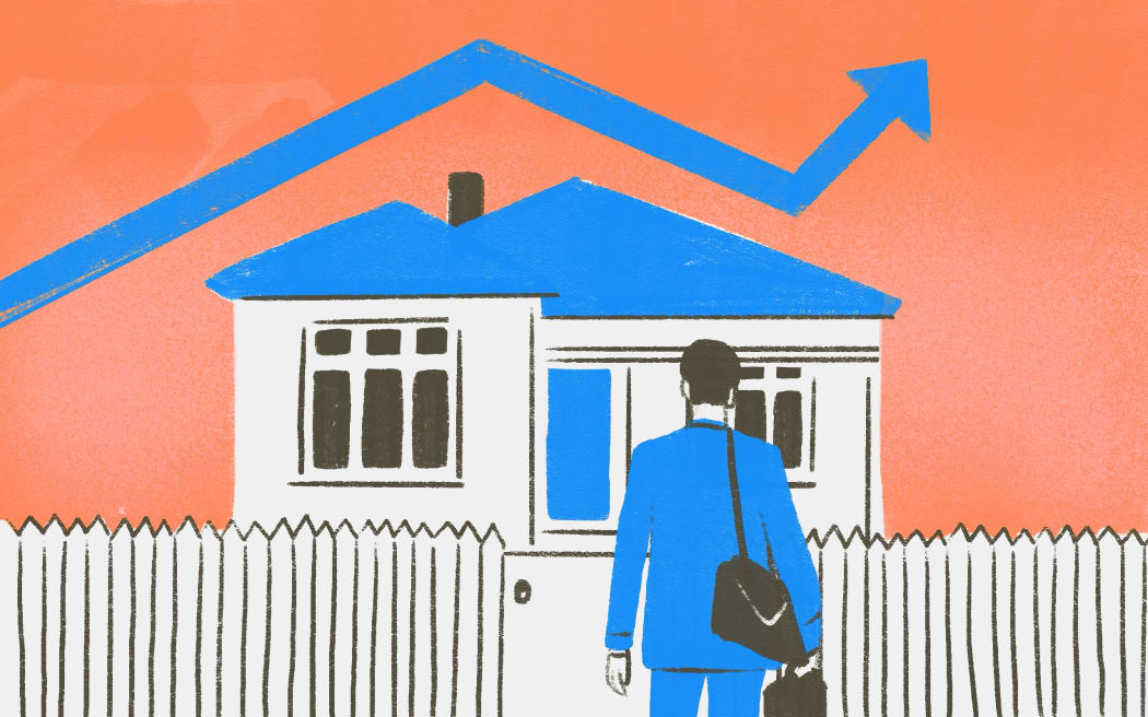 Stylised illustration of person in front of house and increasing line chart