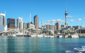Auckland Harbor and Sky tower, the landmark in NZ Auckland skyline