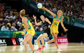 New Zealand's  Katrina Grant and Australia's Gretel Tipett contest the ball in 2016 Constellation Cup test