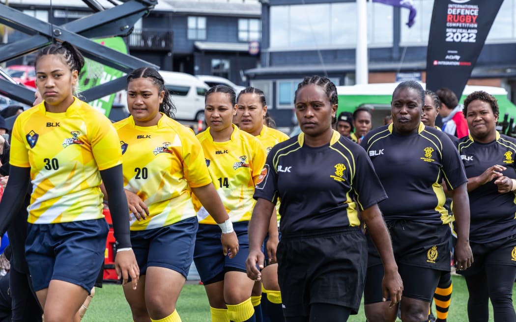 Tonga (left), PNG and Vanuatu combined team at the International Defence Rugby competition in Auckland