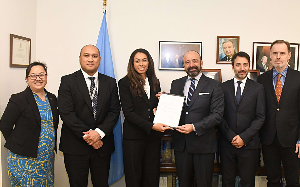 Palau UN Permanent Representative Seid, third from left, with UN Under-Secretary-General  Miguel de Serpa Soares. Palau becomes the nation in the world to ratify and deposit the instrument for the #HighSeasTreaty.