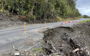 An underslip on the Karamea Special Purpose Road (State Highway 67), one of about a dozen resulting from the February 2022 Cyclone Dovi event which are still awaiting repairs.