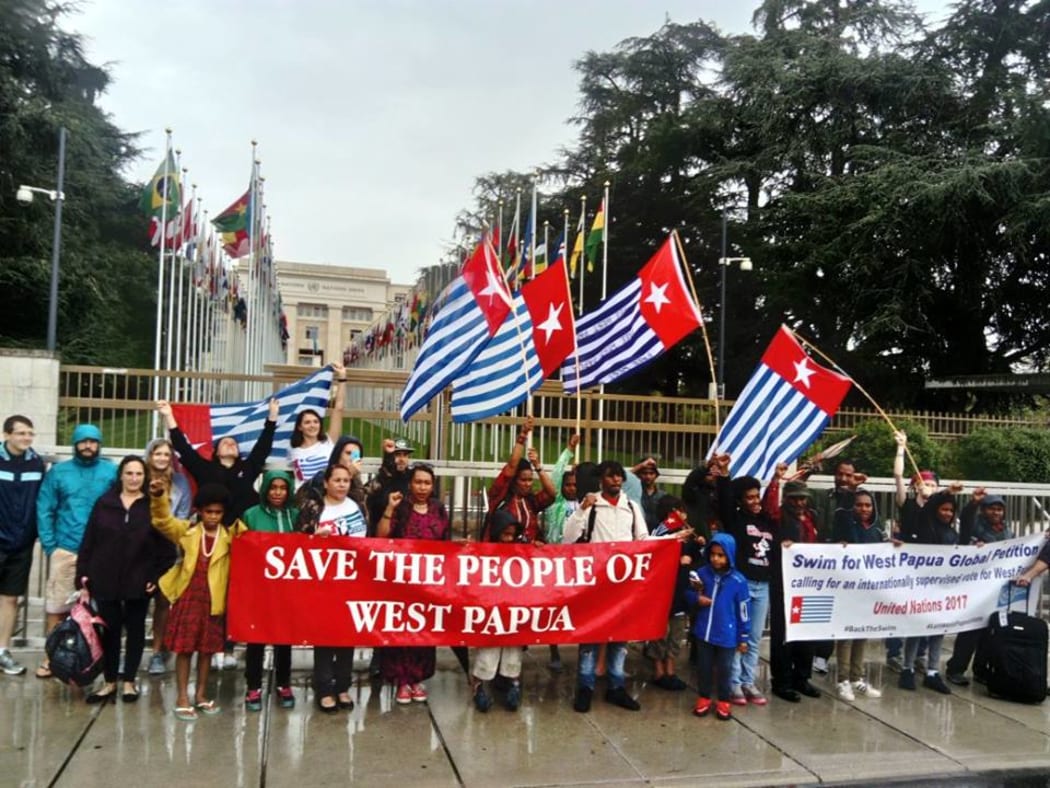 The Free West Papua Campaign protest outside the UN building in Geneva.
