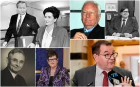 Clockwise: Jim Bolger and Ruth Richardson in 1991, Roger Douglas, David Lange, Grant Robertson, Jenny Shipley and Michael Joseph Savage.