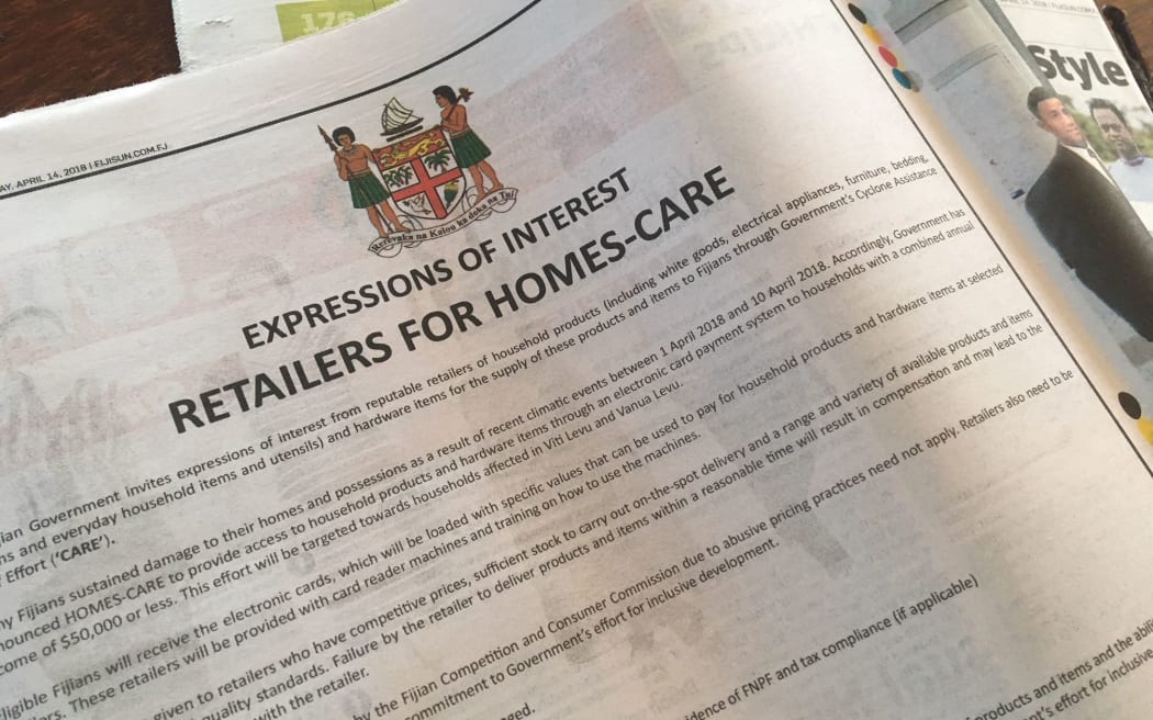 A full page ad in the Fiji Sun calling for retailers interested in supplying under the government’s new package for cyclone victims