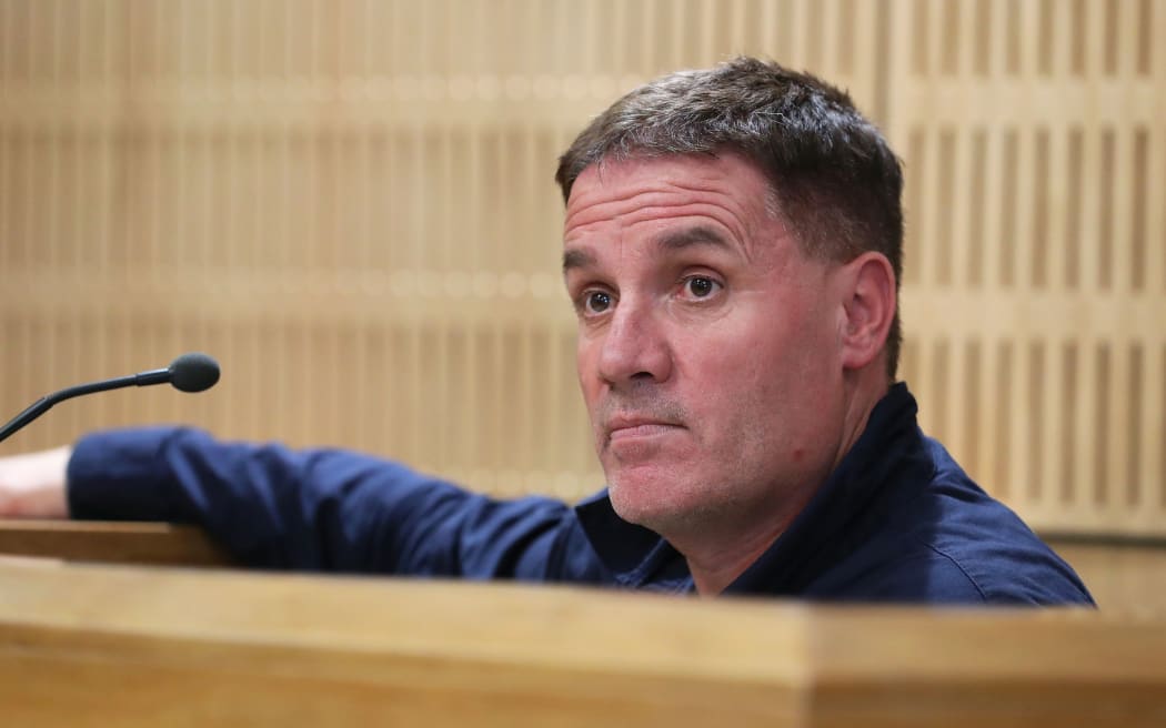 Paul Jones in the witness stand of the Invercargill Courthouse on 8 May, 2024, for the coronial inquest into Lachlan Jones' death.