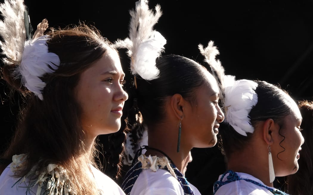 Twelve-year-old Viani Stokes, left, performs with Ōtiria Marae Kapa Haka.