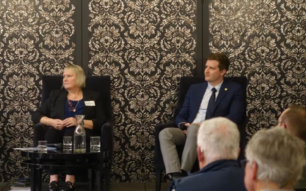 Former councillor Nicky Davis and current mayor Ben Bell at a mayoral debate for the Gore District.