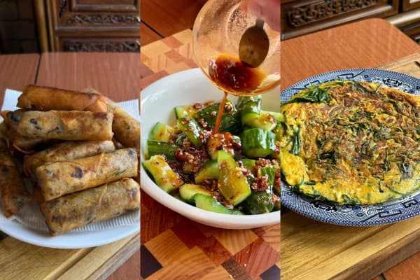 Sam Low's vegetarian dishes. From left to right: Vegetarian spring rolls, Chinese cucumber salad, Chinese chive omelette.
