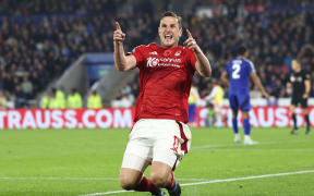 Nottingham Forest's New Zealand striker Chris Wood celebrates after scoring.