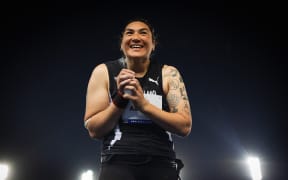 Lisa Adams celebrates gold in the shot put at the world para athletics championships in New Delhi, 29 Sept, 2025. (Michael Thomas/Athletics NZ).
