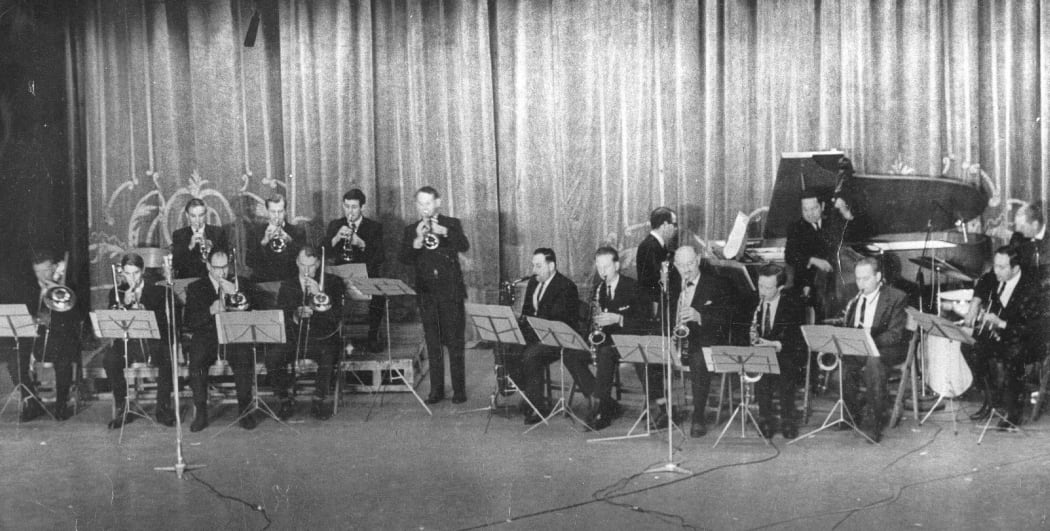 The full 17 piece Doug Kelly Band. Harry Voice is at the far right on drums.